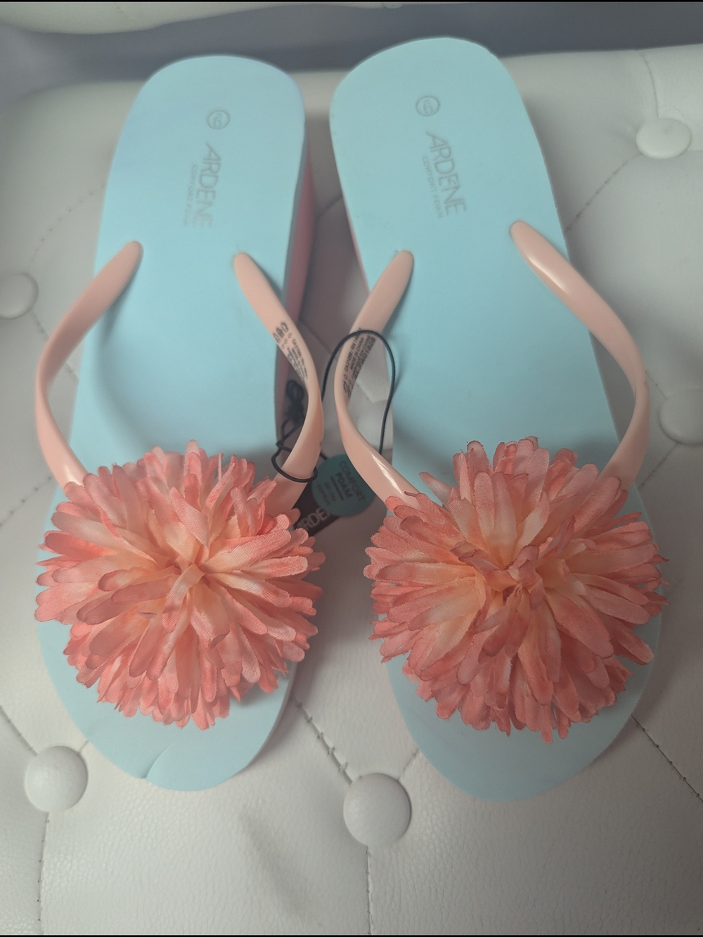 Ardene Light Blue & Peach Floral Pom-Pom Flip Flops